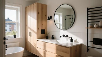 Sunny modern bathroom with light wooden cabinetry, a large round mirror, and black accents