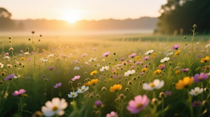 Naklejka premium Sunrise over a field of wildflowers. Soft focus, vibrant colors