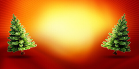 Christmas background with two pine trees on bright red and orange gradient backdrop, festive holiday template for greeting cards, banners, invitations, posters and seasonal designs