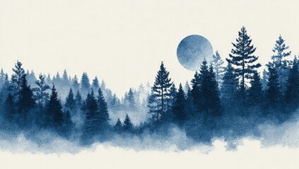 Misty forest at night with a full moon
