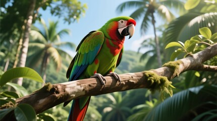 Vibrant parrot perched on a branch amidst lush tropical foliage. Sunlight filters through the dense canopy