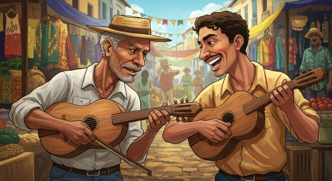 Desafio de repentistas, artistas que criam e executam poemas improvisados, muitas vezes cantados e com rimas, como uma forma de express&atilde;o art&iacute;stica e tradi&ccedil;&atilde;o cultural brasileira