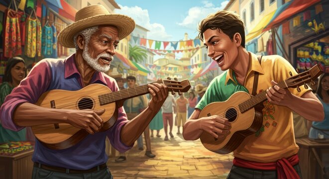 Desafio de repentistas, artistas que criam e executam poemas improvisados, muitas vezes cantados e com rimas, como uma forma de express&atilde;o art&iacute;stica e tradi&ccedil;&atilde;o cultural brasileira