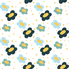 Retro Floral Seamless Pattern in Blue and Yellow – Playful Seamless Pattern Background Design Transparent