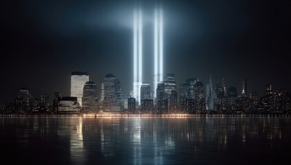 Fototapeta premium Night view of New York City skyline with light beams