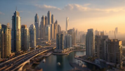 Aerial view of a city skyline at sunrise