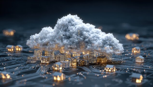 Digital city nestled in a cloud