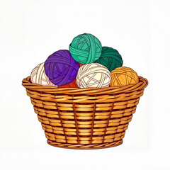 Colorful yarn balls in a wicker basket representing knitting and creativity on white background