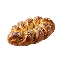 Braided challah bread is displayed with sesame seeds on top, against a stark isolated background.