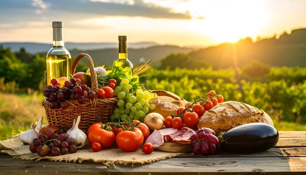 Freshly harvested fruits, vegetables, and bread displayed on a rustic wooden table, bathed in the golden light of a summer sunset over rolling hills.