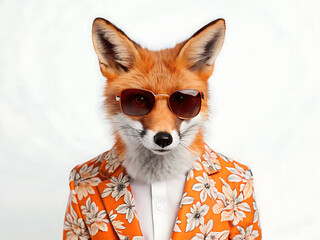 A fox wearing sunglasses and a floral blazer against a plain white studio background portrait style