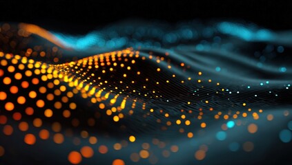 Abstract digital waves of orange and teal particles
