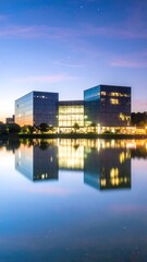 Fototapeta premium A modern glass-fronted building complex reflects serenely on a tranquil lake at twilight.