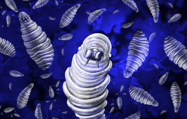 Obraz na płótnie Canvas Screwworm Parasite outbreak or epidemic as flesh-eating larvae Infectious disease and public health issue as a vetirinary medicine concept or agricultural pest causing ulcerated lesions.