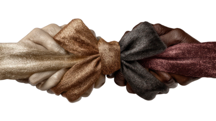 multiple diverse hands of different skin tones holding ribbon together, isolated on white background