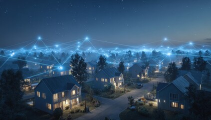 Suburbia at night connected by a network of light