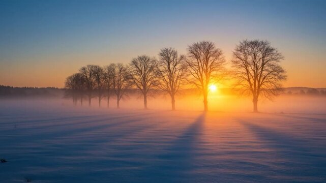 Winter landscape with trees silhouetted against sunrise sunlight snowy field