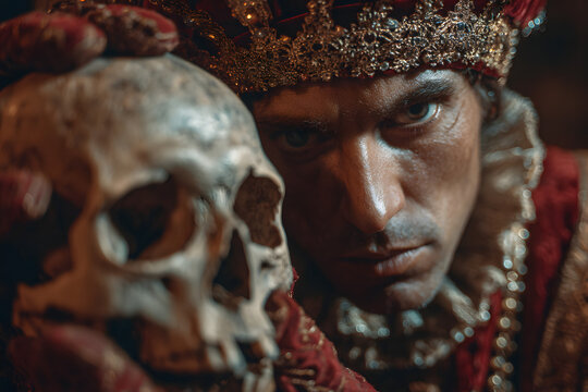 Actor con calavera interpretando la obra de teatro Hmlet de Shakespeare