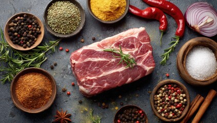 Fresh raw pork loin surrounded by various spices and herbs on a dark stone surface