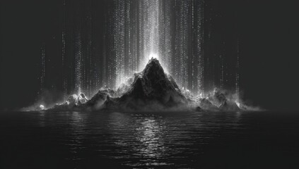 Mountain erupting in a dark sea