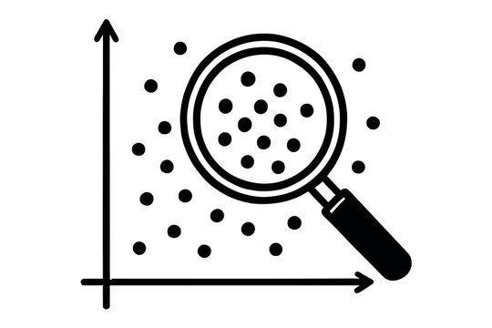 A line art icon of a magnifying glass examining data points on a scatter plot, symbolizing analysis and research.