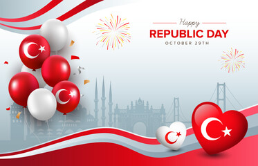 Happy Turkey Republic Day design with silhouette Istanbul landmark on wavy gradient background. Vector illustration stock illustration.
