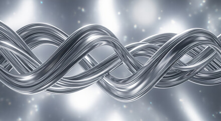 Abstract intertwined silver metallic ribbons shimmer against a bright, ethereal, and bokeh