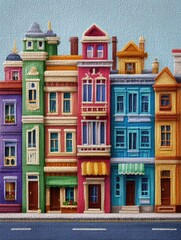 Fototapeta premium Colorful European street scene, illustration, city buildings, travel postcard design