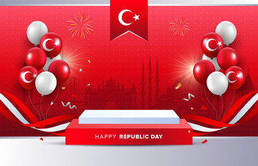 Happy Turkey Republic Day rectangle podium design with wavy ribbons on red background. Turkey Independence day template for banners, posters, cards, flyers template. Vector illustration.