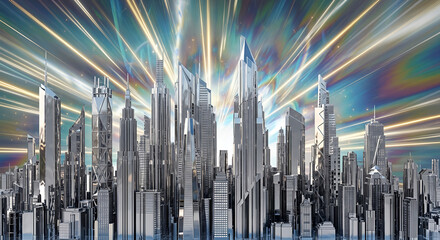 Futuristic city skyline with metallic buildings illuminated by radiant streaks of light above it.