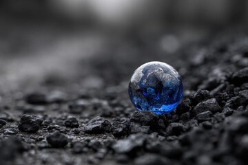 A blue glass sphere rests on dark, rough ground