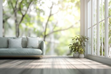 Modern living room with large windows and nature view