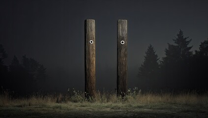 Two weathered posts in a foggy forest at night; mysterious, eerie atmosphere; potential use horror film, mystery novel cover