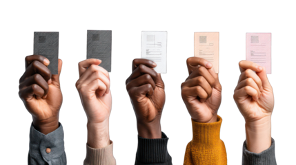 diverse human hands holding ballots, isolated on white background
