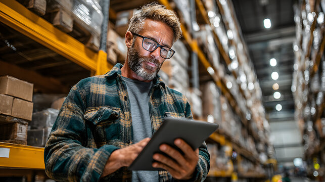 A logistics manager stands in a large warehouse, conentrating on a tablet thatdisplays inventory data, srrounded by shelves filledwith packaged goods
