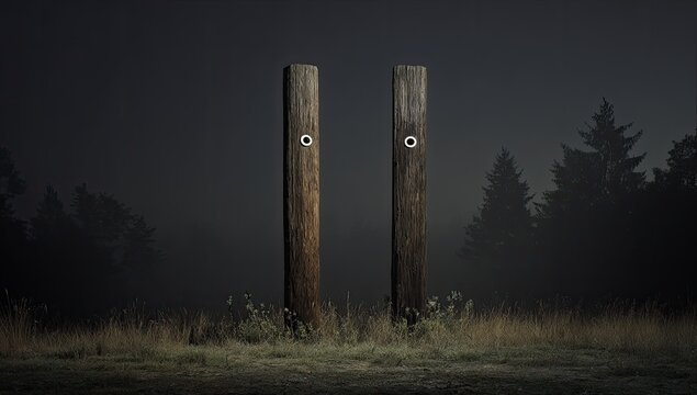 Two weathered posts in a foggy forest at night; mysterious, eerie atmosphere; potential use horror film, mystery novel cover - Powered by Adobe