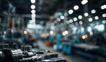 Blurred interior of a factory. Machinery and parts are visible