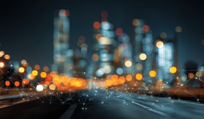 Blurry cityscape at night with interconnected network (1)