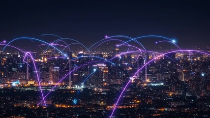 Dynamic city lights connect globally with glowing network lines illustrating future urban technology and innovation - Powered by Adobe