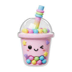 A cute kawaii pink bubble tea cup with a winking face, colorful rainbow boba pearls, and a rainbow straw.