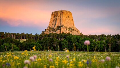 Devils Tower National Monument Wyoming at Sunset with Wildflowers in Foreground.