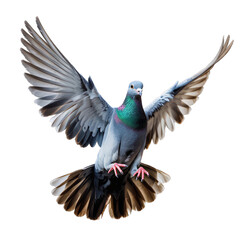 Obraz premium Pigeon flying with wings spread wide isolated on a transparent background bird feathers