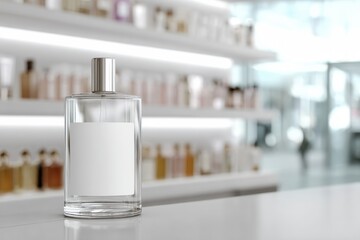 Clear perfume bottle on a counter in a brightly lit store