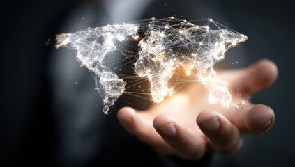 A hand holds a world map, glowing with digital connections