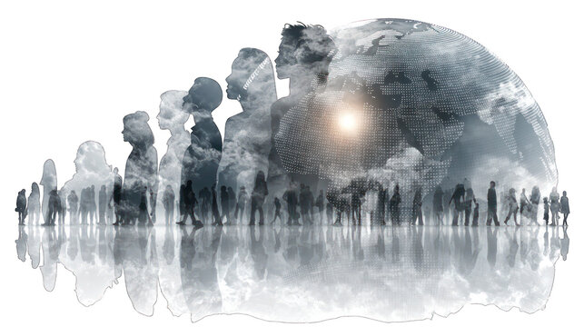Double exposure silhouette of diverse people and global community, international business team and earth globe, unity and human connection concept isolated on Transparent Background