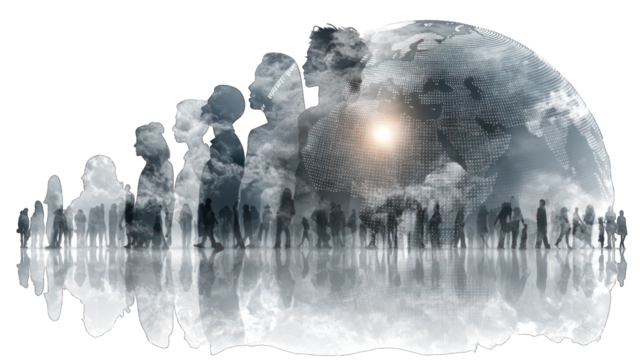 silhouettes of diverse people standing around globe, isolated on white background