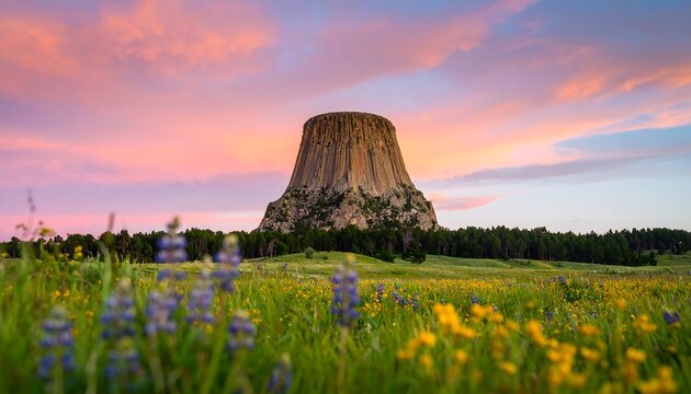 Devils Tower National Monument Wyoming at Sunset with Wildflowers.