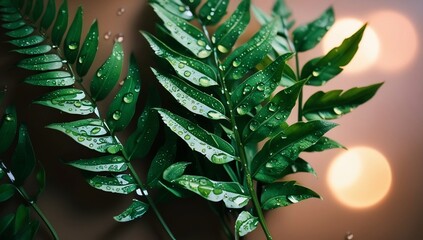 Dewy Fern Leaves with Spa Background.