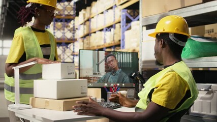 Warehouse clerk meeting on web video call with manager on computer, transmitting order shipment details for parcels before distribution. Black man and CEO on remote videoconference. Camera A. - Powered by Adobe