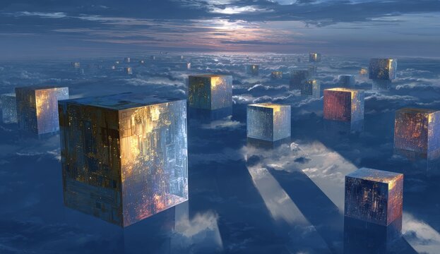 Floating cubes in a cloud-filled sky at dawn or dusk